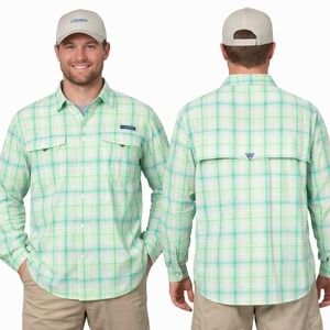 Columbia PFG Super Bahama Fishing Shirt Mens Large Green Plaid Long Sleeve Vent